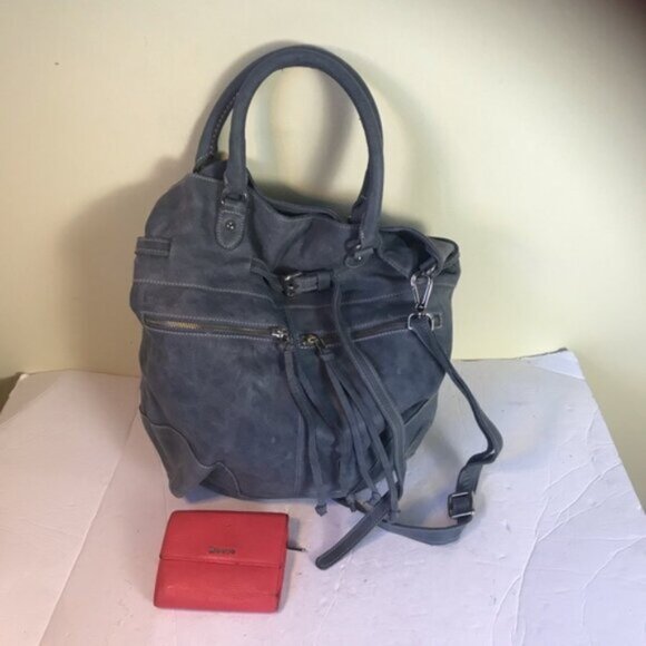 Roots Leather Bucket Tote & Wallet Crossbody Shoulder Bag Buckskin Zip Pockets - Picture 2 of 16